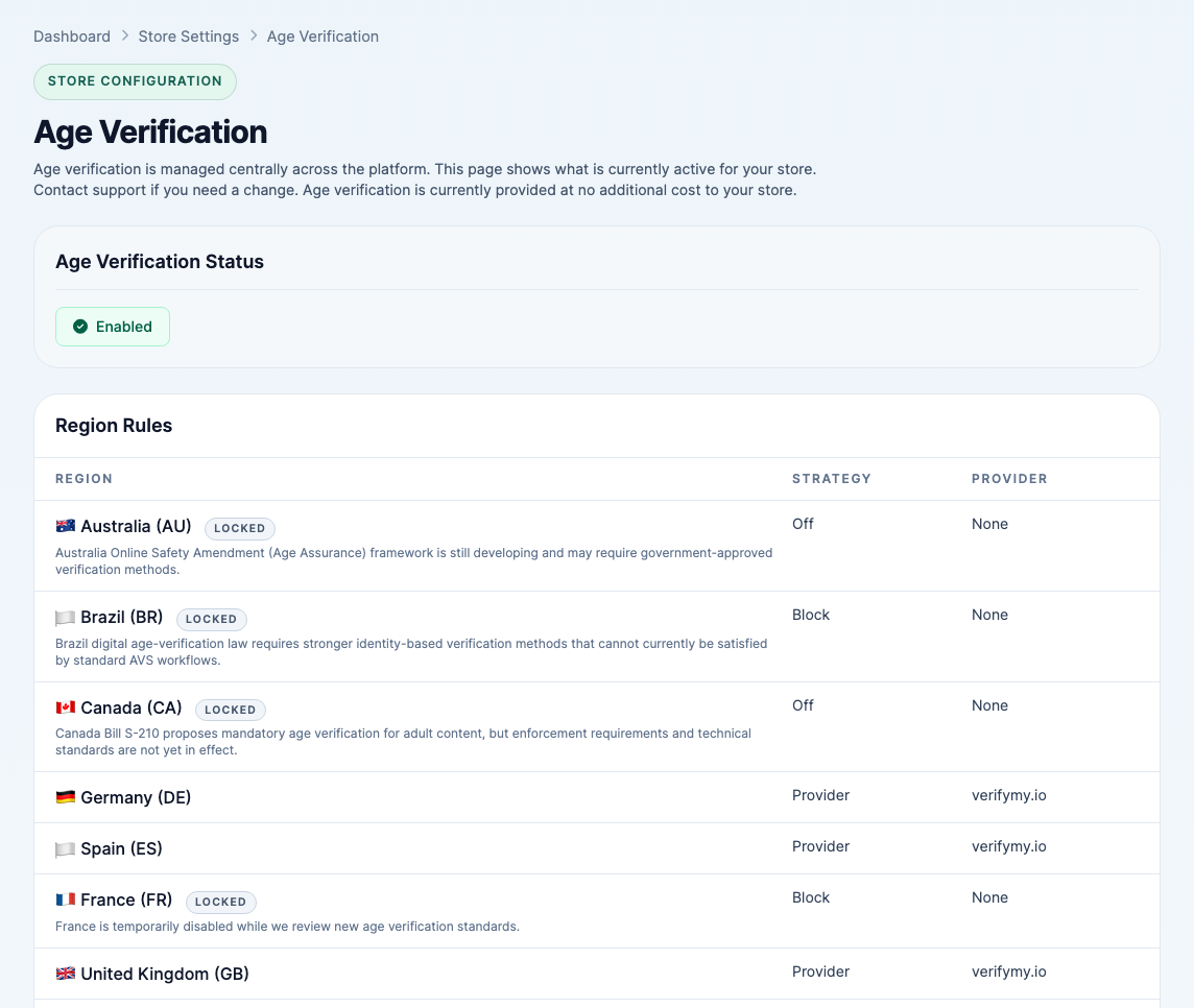 The Age Verification settings page with the status and the first region rules