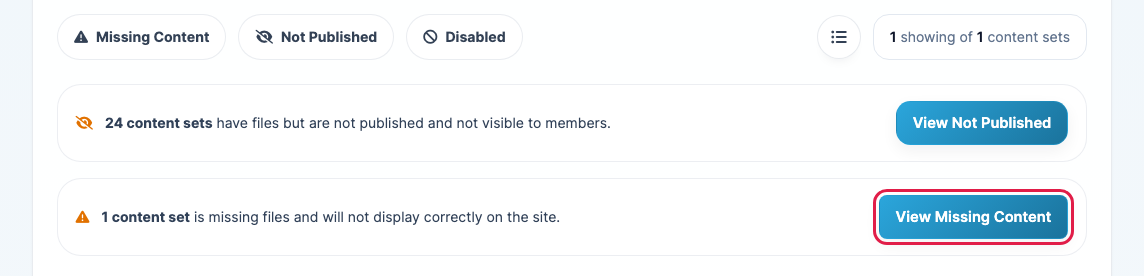 The content library notices with the View Missing Content button highlighted