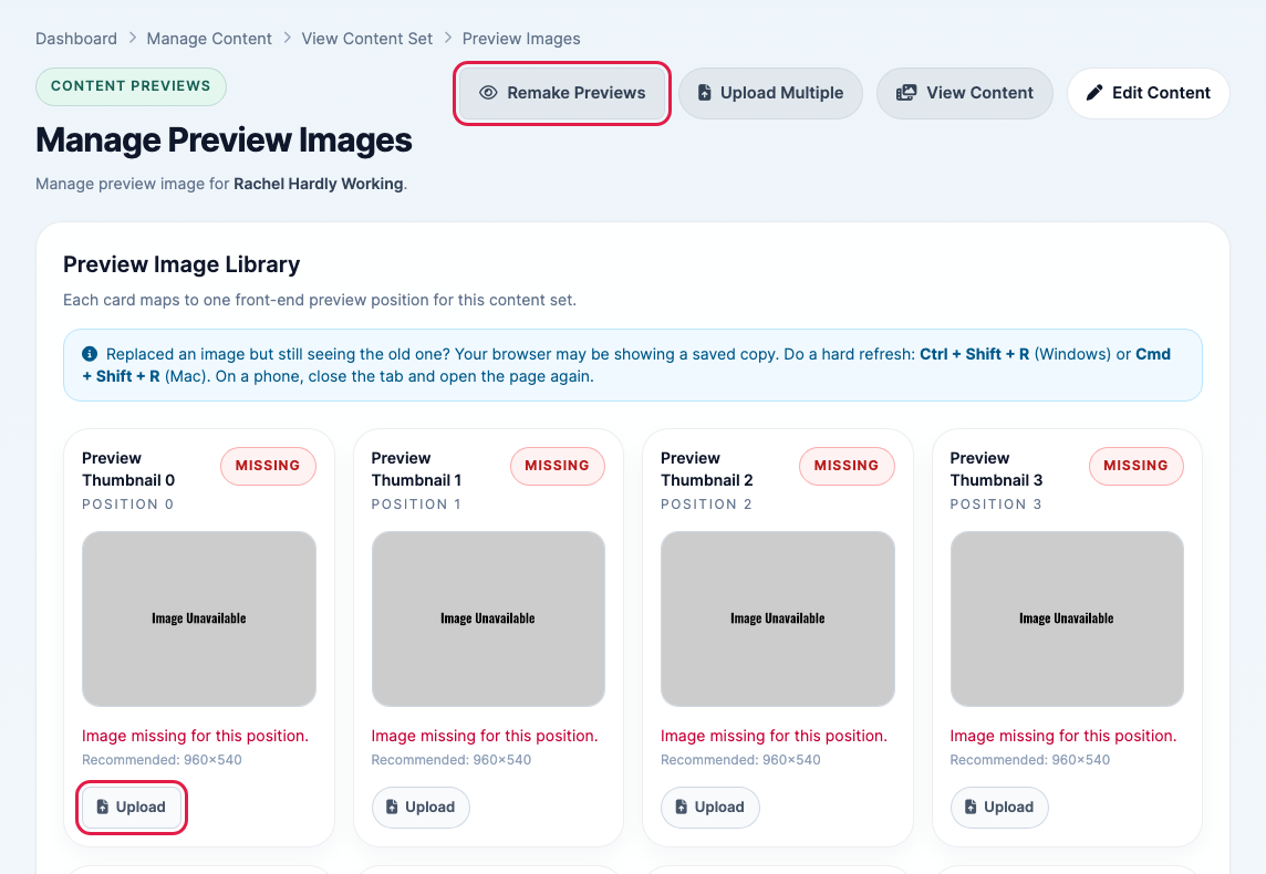 The Preview Images page with Remake Previews and an Upload button highlighted
