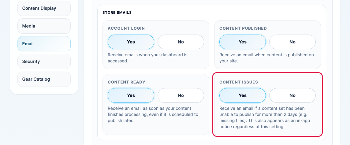 The Email tab of Store Settings with the Content Issues setting highlighted