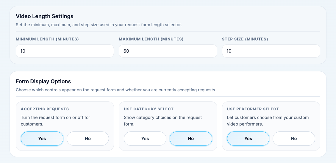 The Video Length Settings and Form Display Options sections