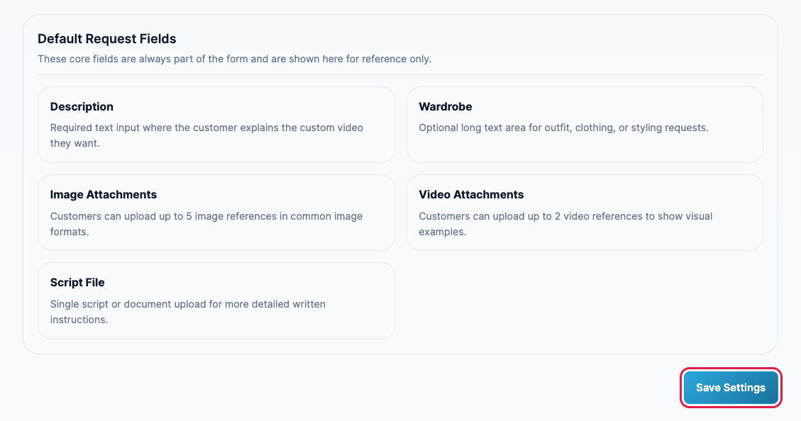 The Default Request Fields list and the Save Settings button