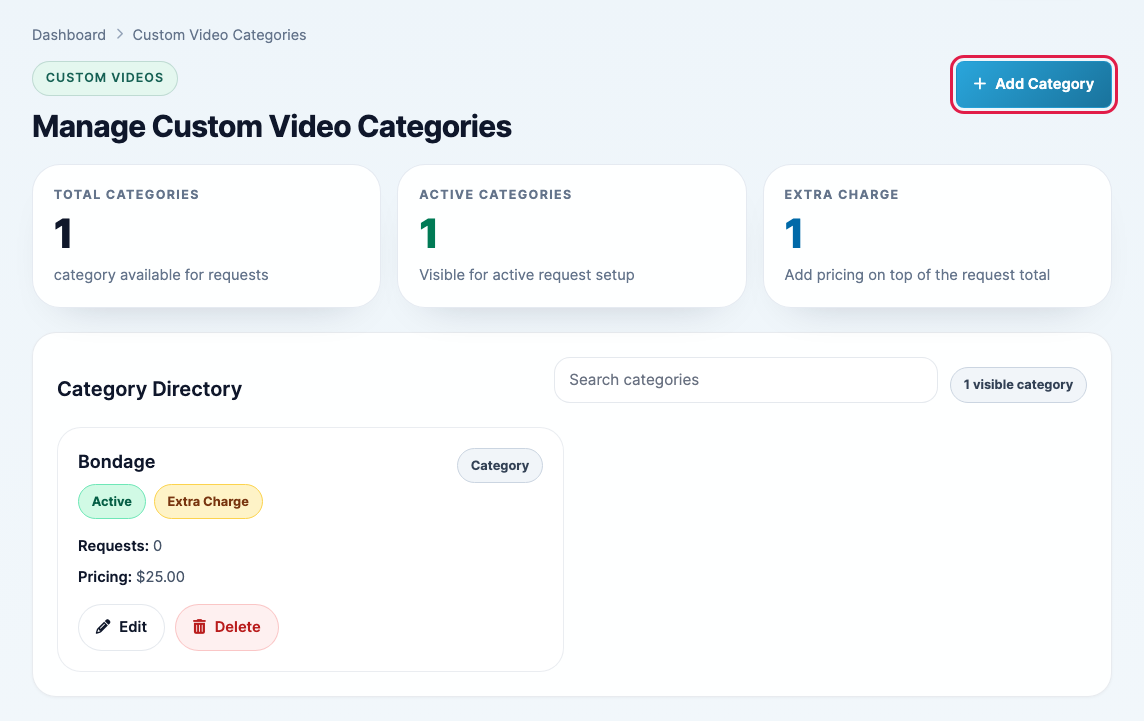 The Custom Video Categories page with the Add Category button highlighted