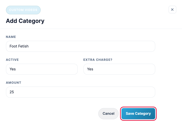 The Add Category form with a 25 dollar extra charge