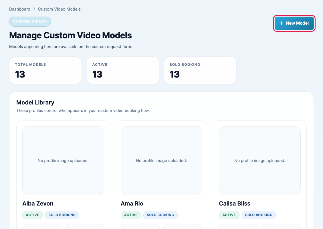 The Custom Video Models page with the New Model button highlighted