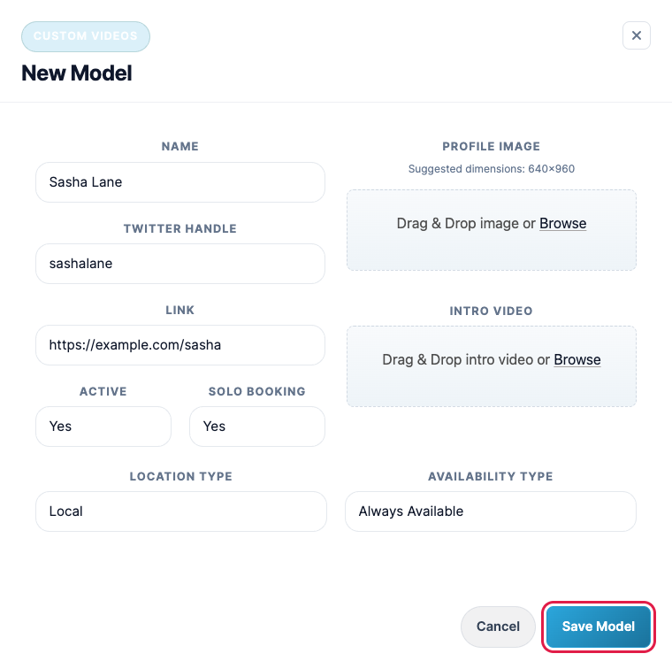 The New Model form filled in for an example model