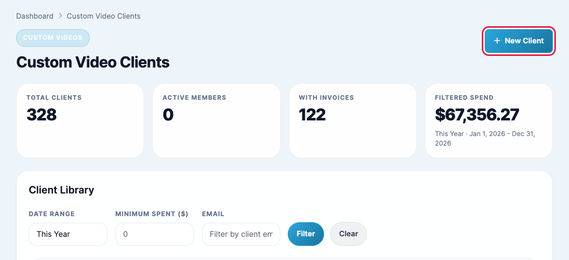 The Custom Video Clients page with the New Client button highlighted