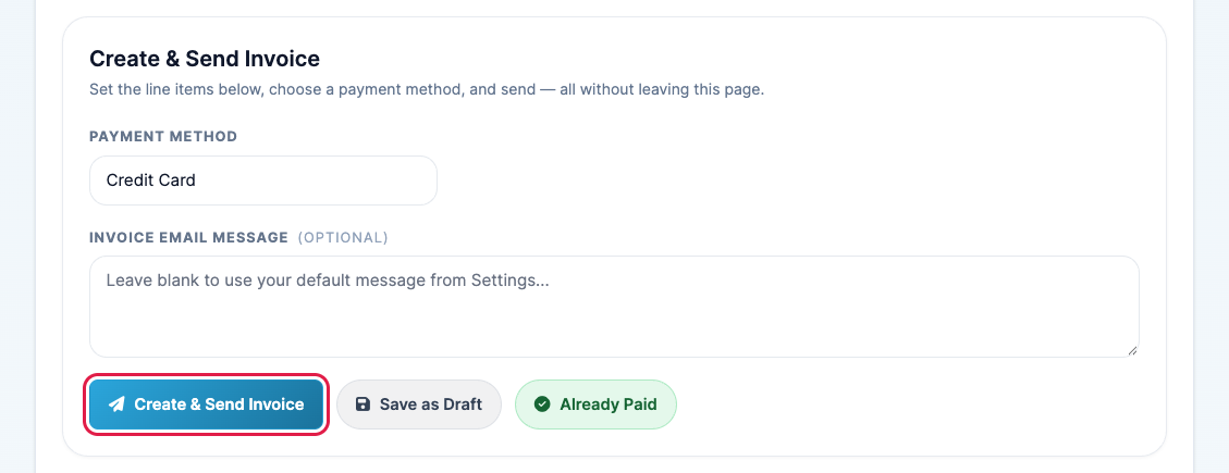 The Create and Send Invoice section with the send button highlighted