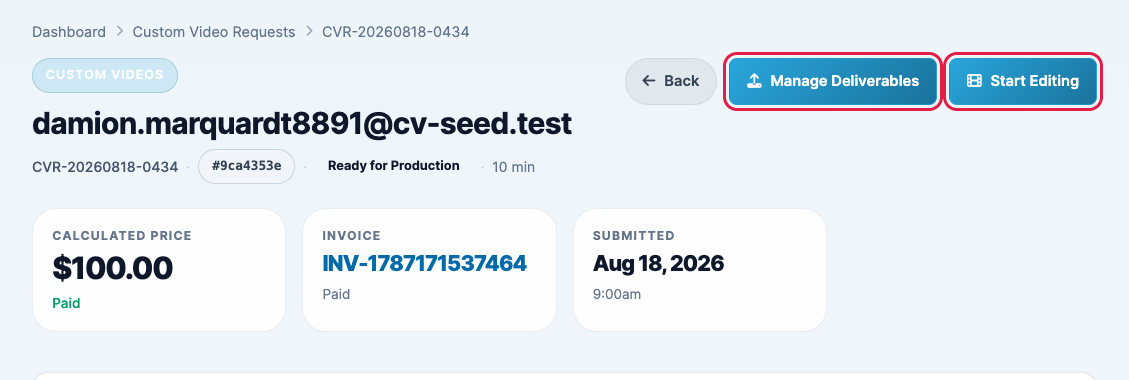 A paid request with the Manage Deliverables and Start Editing buttons highlighted