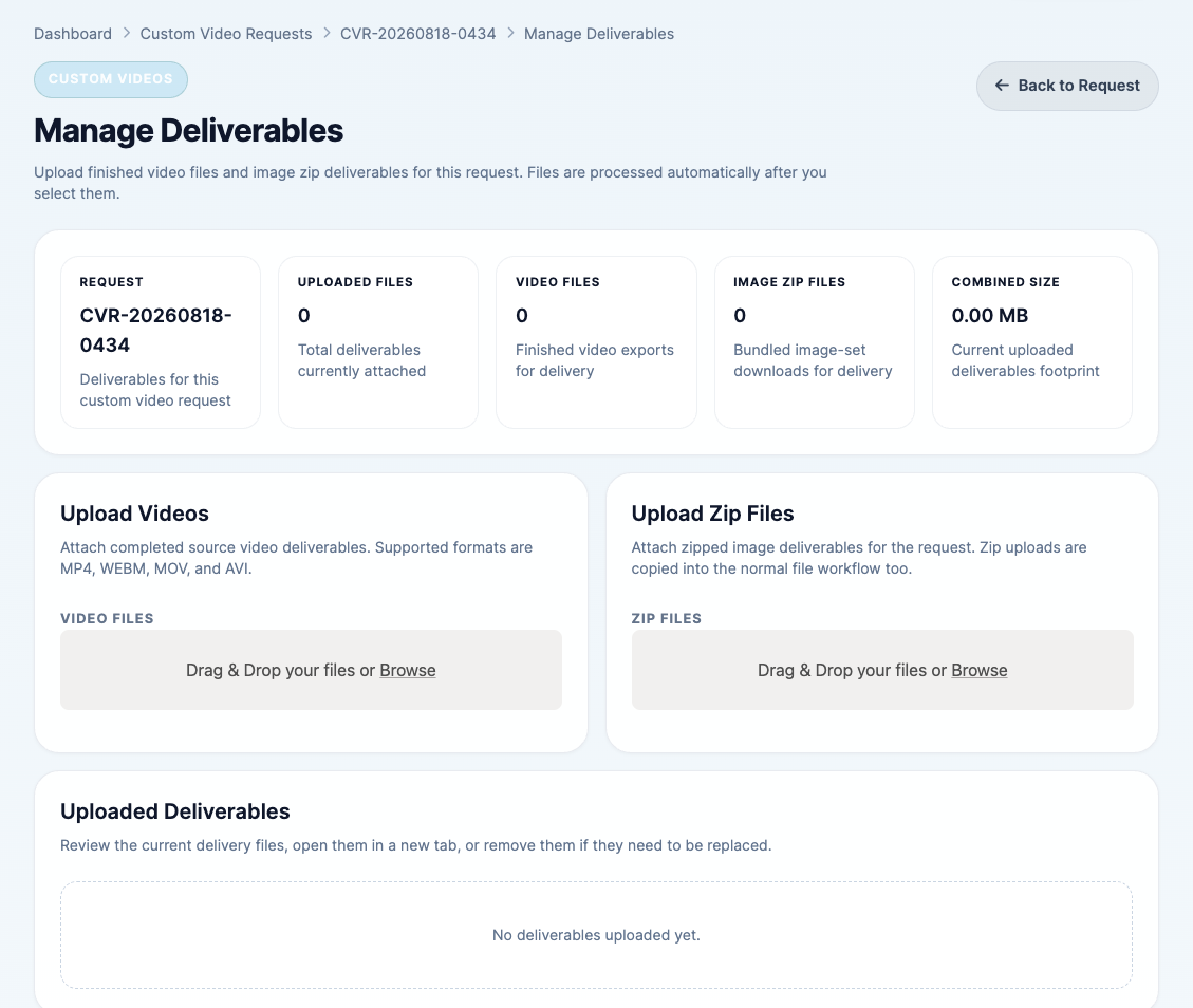 The Manage Deliverables page with video and zip upload areas