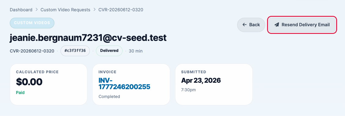 A delivered request with the Resend Delivery Email button highlighted