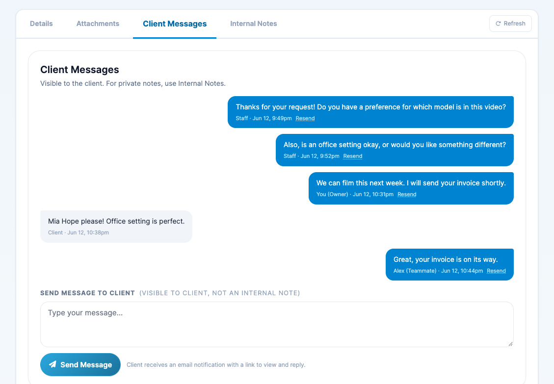 The Client Messages tab showing a conversation with a client