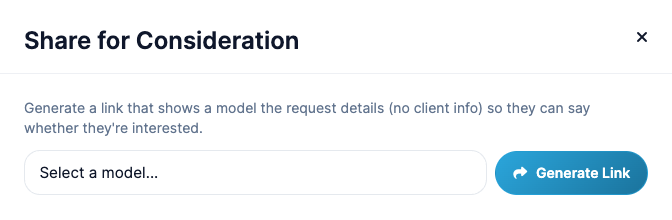 The Share for Consideration window with a model picker and Generate Link button