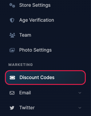 Discount Codes in the Marketing section of the left menu