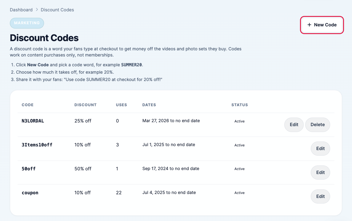 The Discount Codes page with the New Code button highlighted