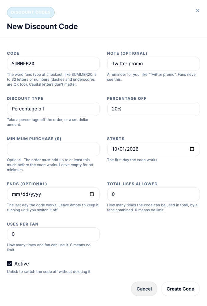The New Discount Code form filled in with SUMMER20 for 20% off