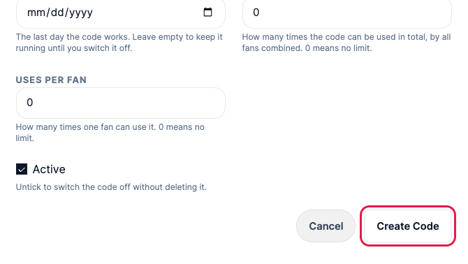 The Create Code button at the bottom of the form