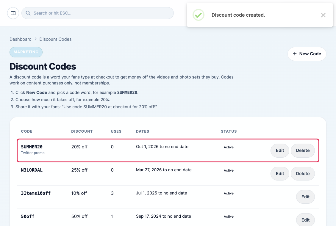 The new SUMMER20 code at the top of the Discount Codes list