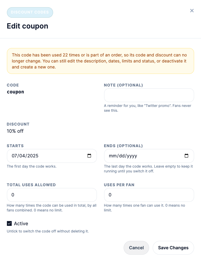 Editing a code that has already been used: the code and discount are locked