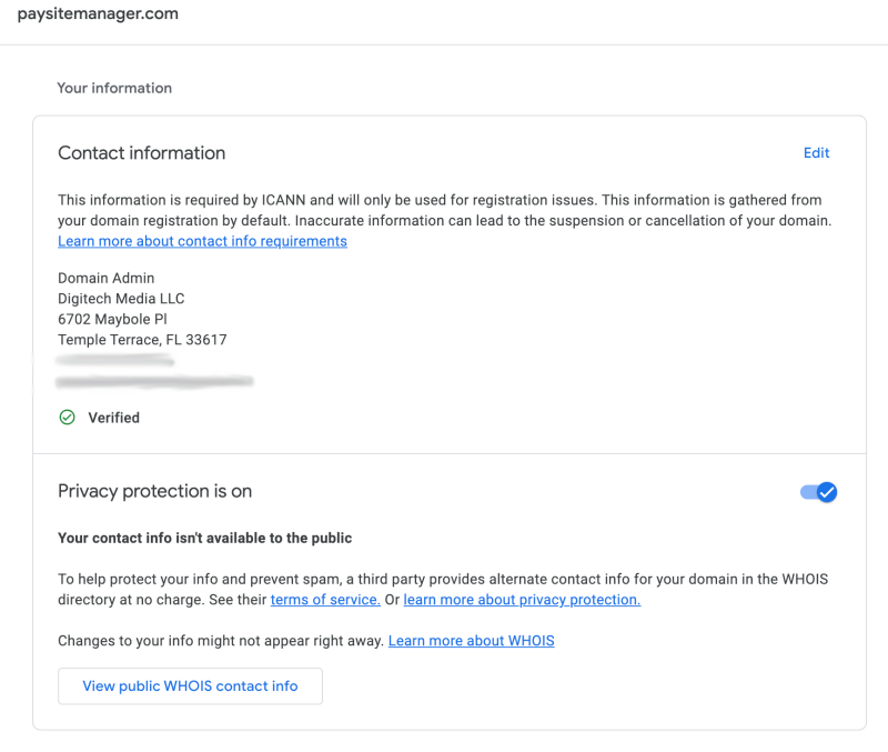 A registrar's contact information page showing the domain name and the Domain Admin, Digitech Media LLC contact details