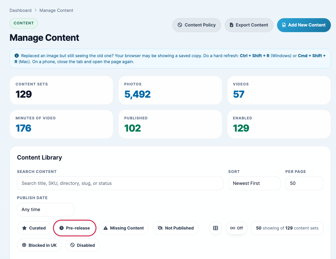 The Manage Content page with the search box and the Pre-release filter highlighted