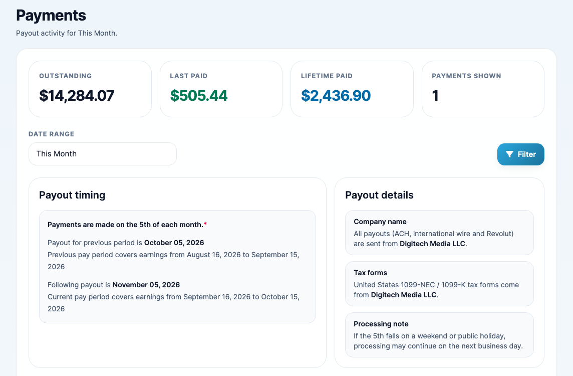 The Payments page with the Outstanding, Last paid and Lifetime paid totals and the Payout timing panel