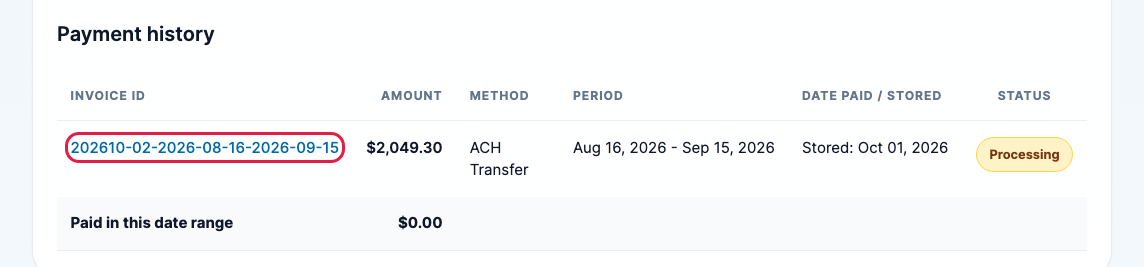 The Payment history table with one payout in Processing status