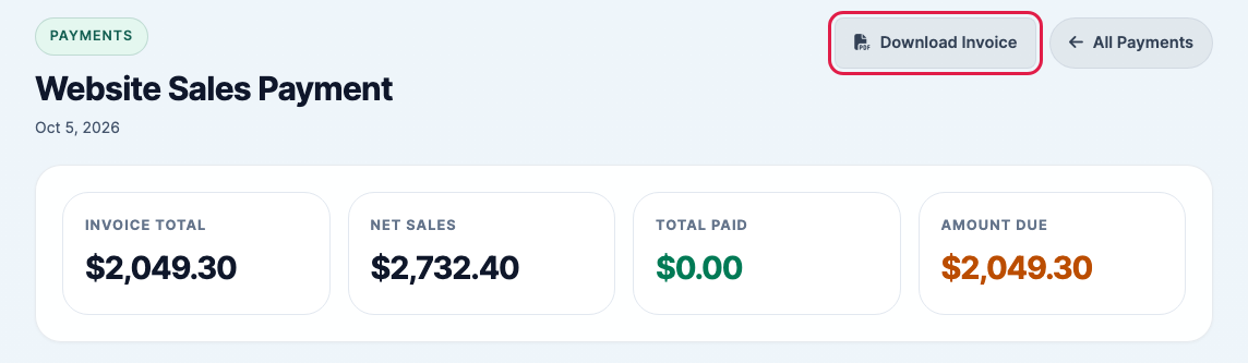 A website sales payment with the Download Invoice button highlighted