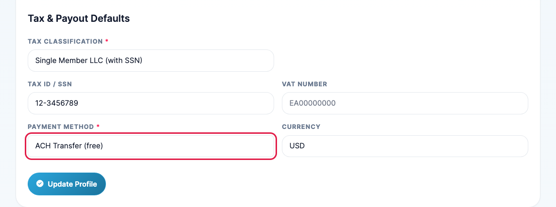 The Tax and Payout Defaults section with the Payment Method dropdown highlighted