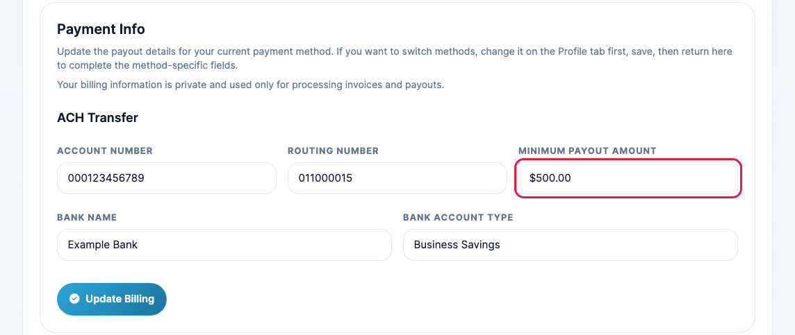 The Payment Info tab for ACH Transfer with the Minimum Payout Amount highlighted