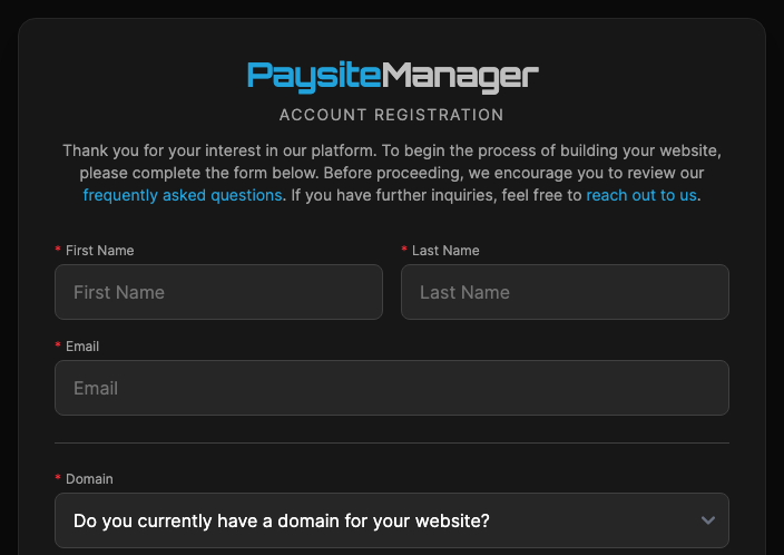 The top of the PaysiteManager Account Registration form