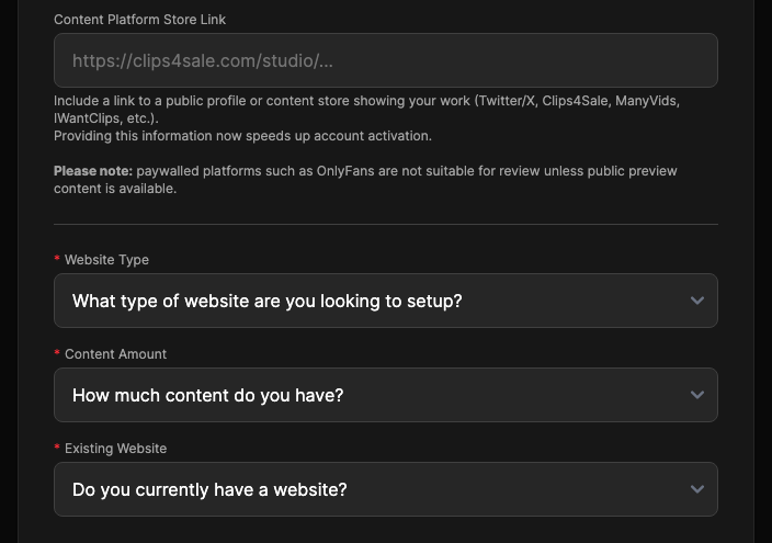 The content questions on the registration form, including the Content Platform Store Link