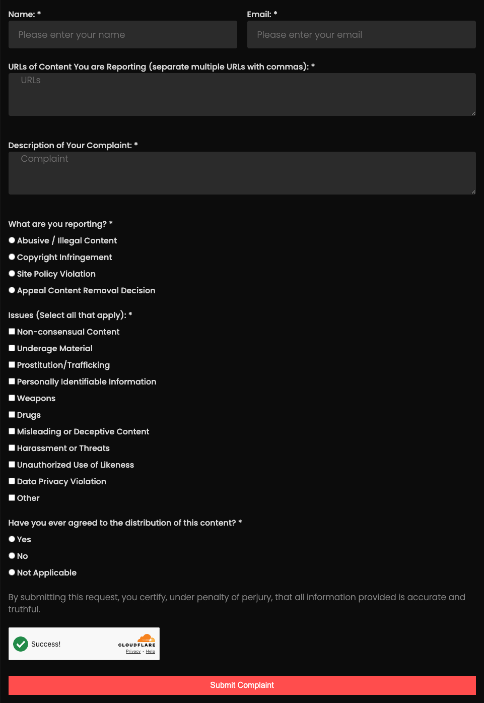 The complaints form on a website's Complaints page