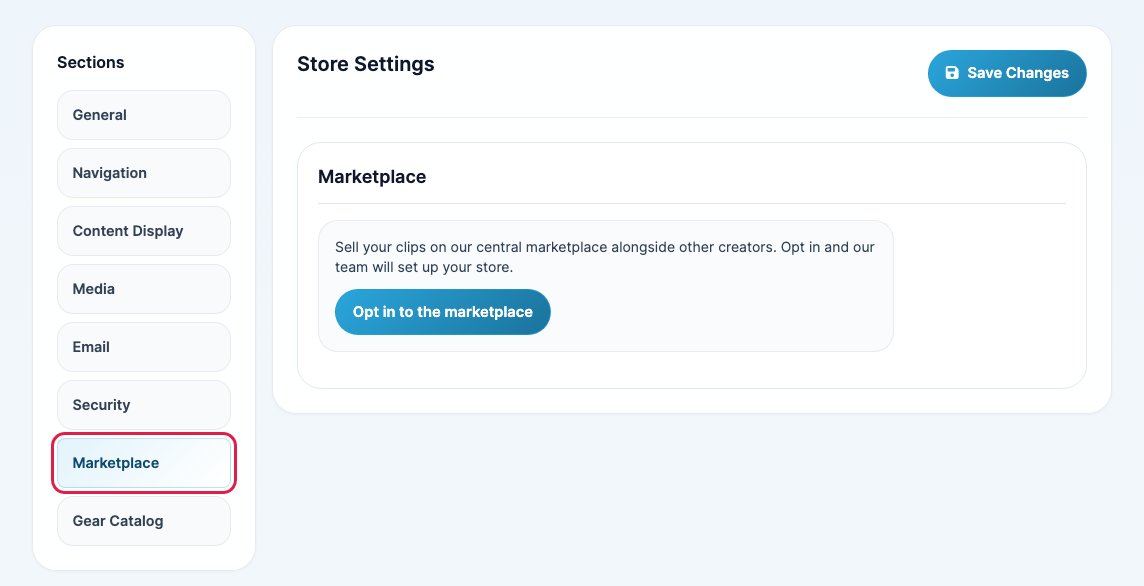 The Store Settings page with the Marketplace section selected