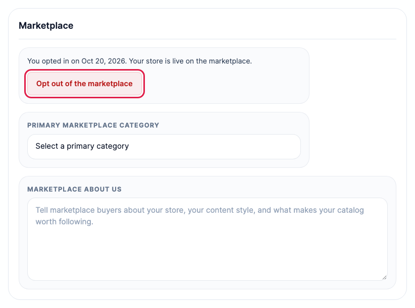 The Marketplace section once live, with the Opt out button, Primary Marketplace Category and Marketplace About Us