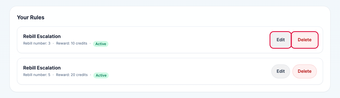 Two incentive rules with the Edit and Delete buttons highlighted on the first