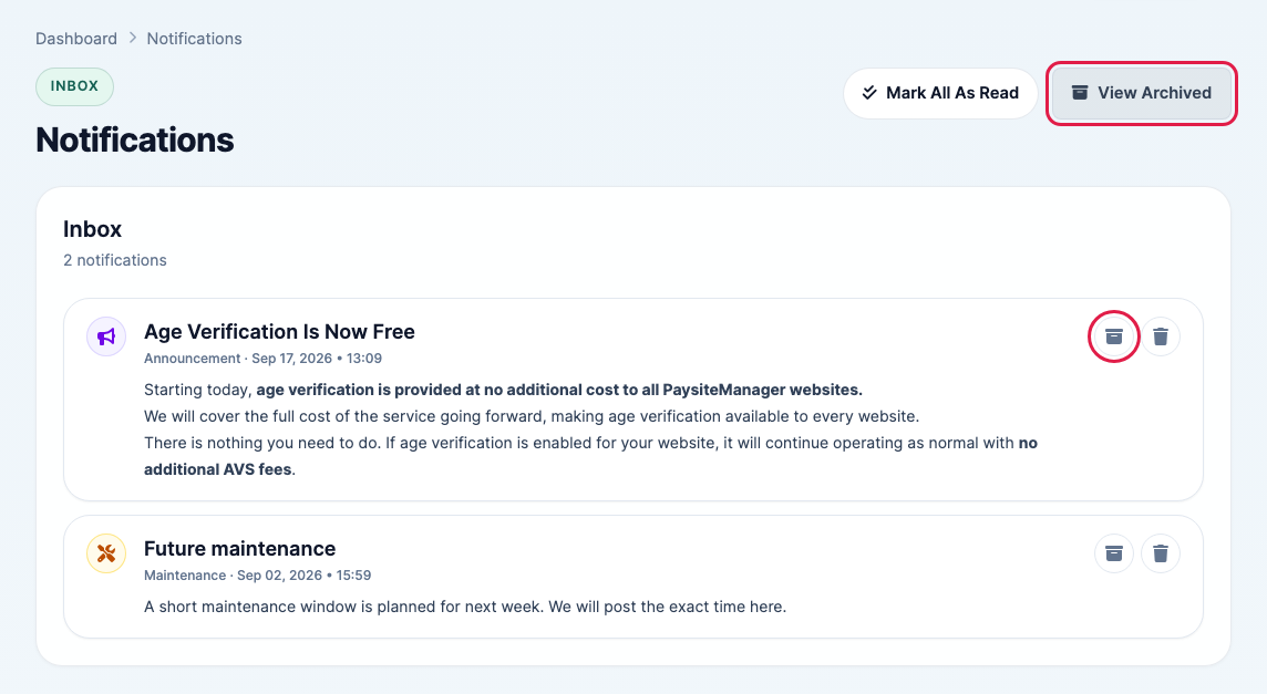 The Notifications page inbox with two notifications, with the archive button and View Archived highlighted