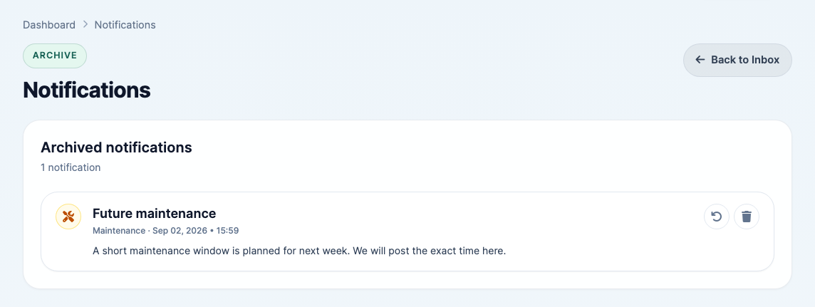 The archived notifications list with one archived notification