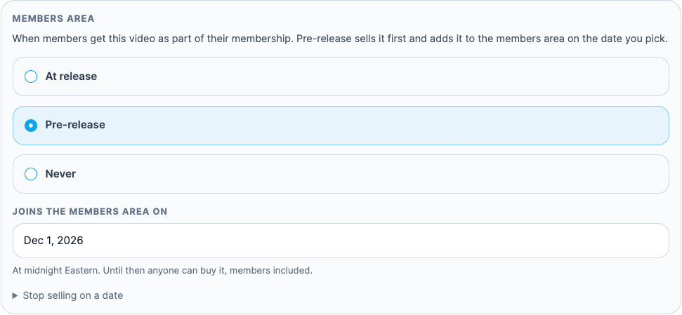 The Members Area panel with Pre-release selected and a members area date of Dec 1, 2026