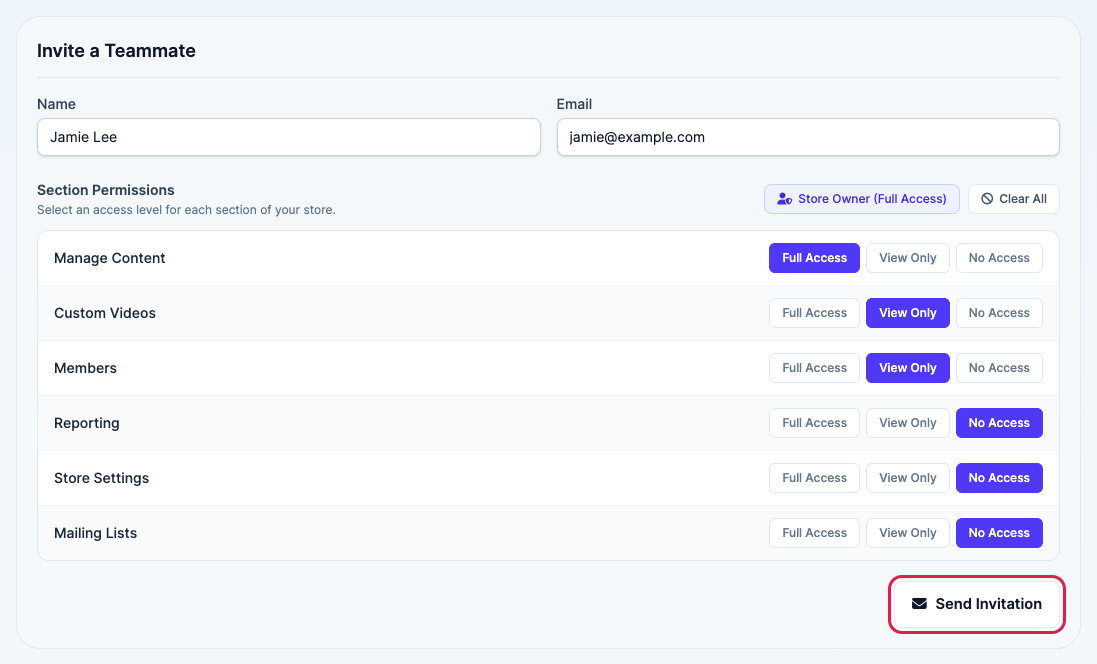 The Invite a Teammate form with a name, an email and section permissions filled in