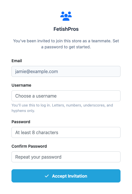 The invitation page where a teammate chooses a username and password