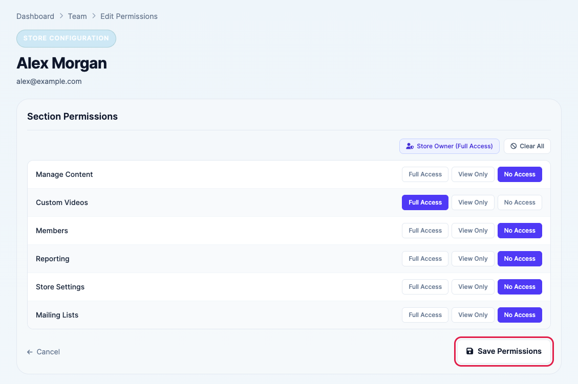 The Edit Permissions page for a teammate with the Save Permissions button highlighted