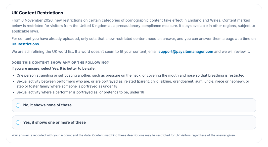 The UK Content Restrictions section with the No and Yes options