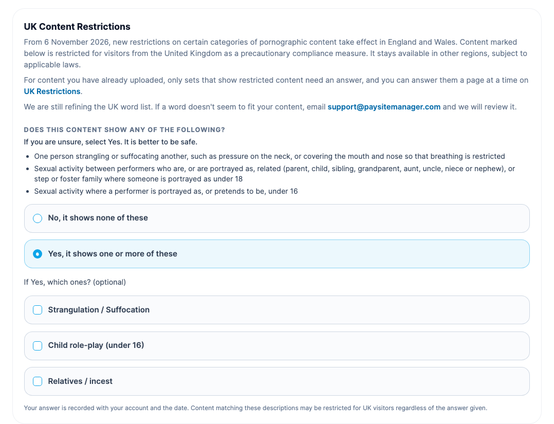 Yes selected, with the optional list of content types shown below it