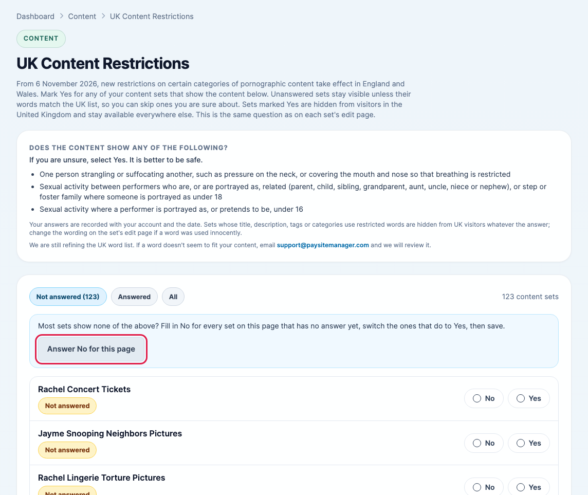 The UK Content Restrictions page with the Answer No for this page button and No and Yes for each content set
