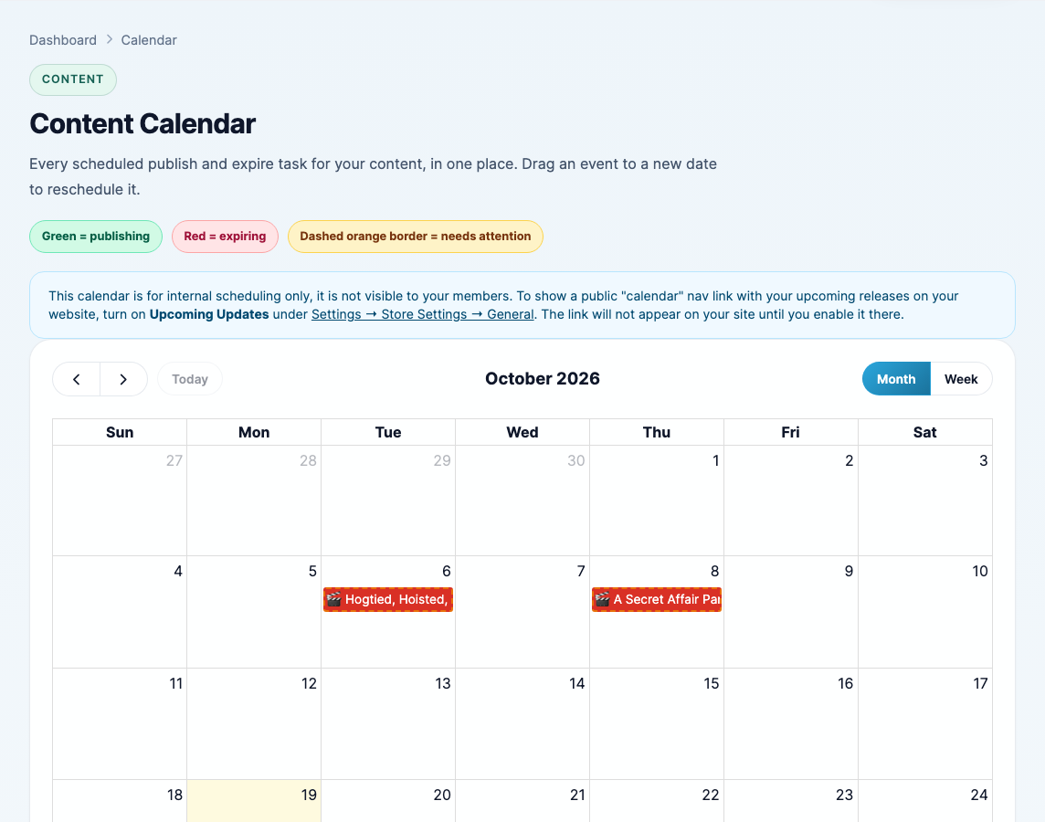 The content calendar showing scheduled releases for the month