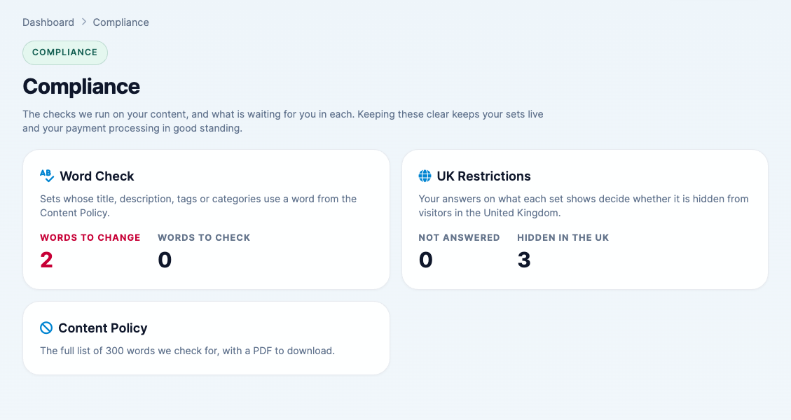 The Compliance overview with Word Check, UK Restrictions and Content Policy cards