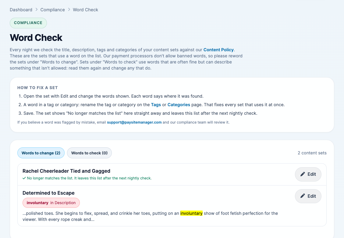 The Word Check page listing content sets with the banned word, where it was found and the sentence around it